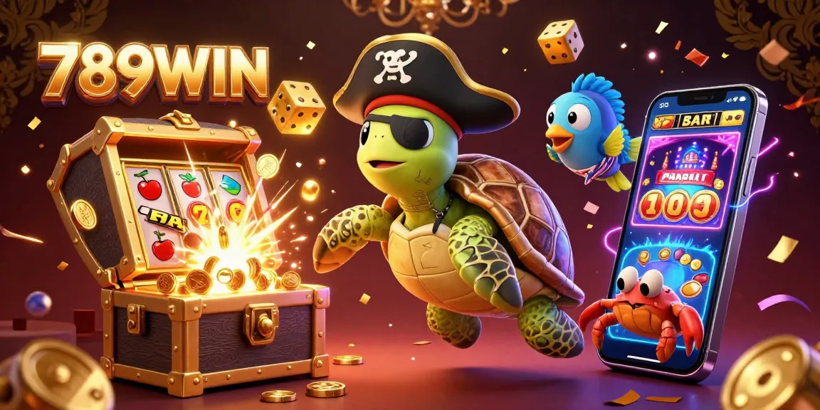Experience the excitement of 789WIN with a dynamic 3D scene of a turtle, crab, and fish surrounded by gaming elements.