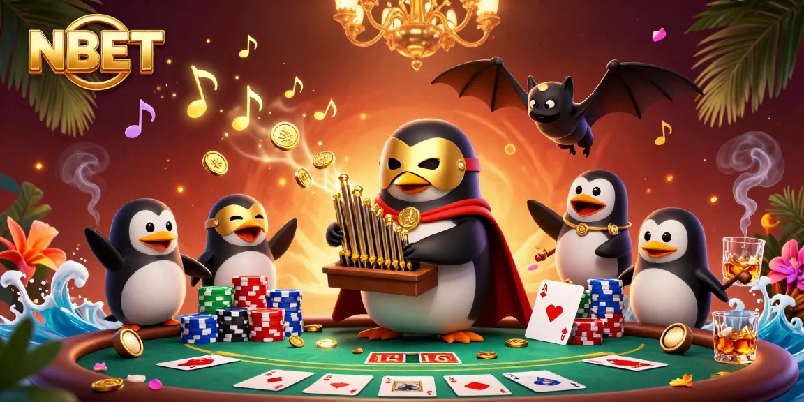 NBET-themed illustration of a penguin playing an organ while gold coins fly, creating a lively casino atmosphere.
