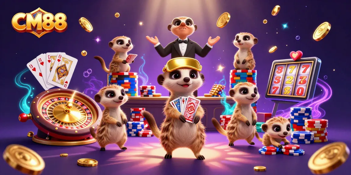 Experience excitement at CM88 with meerkats managing a lively casino scene filled with coins and gems.