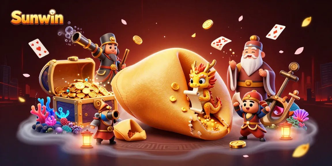 Experience the thrill at Sunwin with a whimsical scene featuring a golden fortune cookie and a wise dragon amidst vibrant casino action.