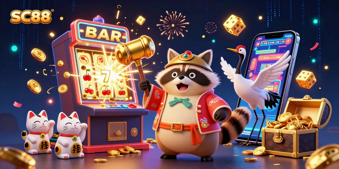 Spin the reels at SC88 and win big with vibrant 3D characters in a lively casino scene, featuring slot machines and lucky symbols.