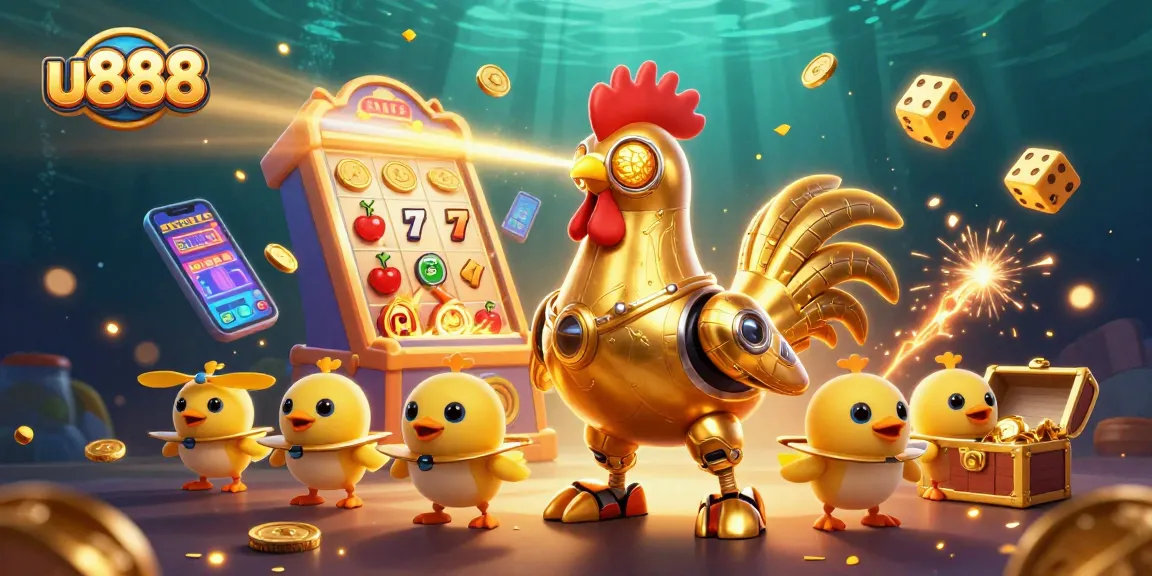Experience the excitement of u888 as the golden rooster robot and chick drones illuminate the casino world.