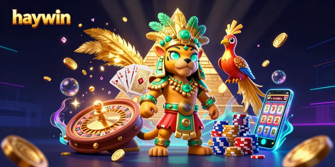 Engaging haywin casino gaming scene with dynamic characters, coins, and slot reels.