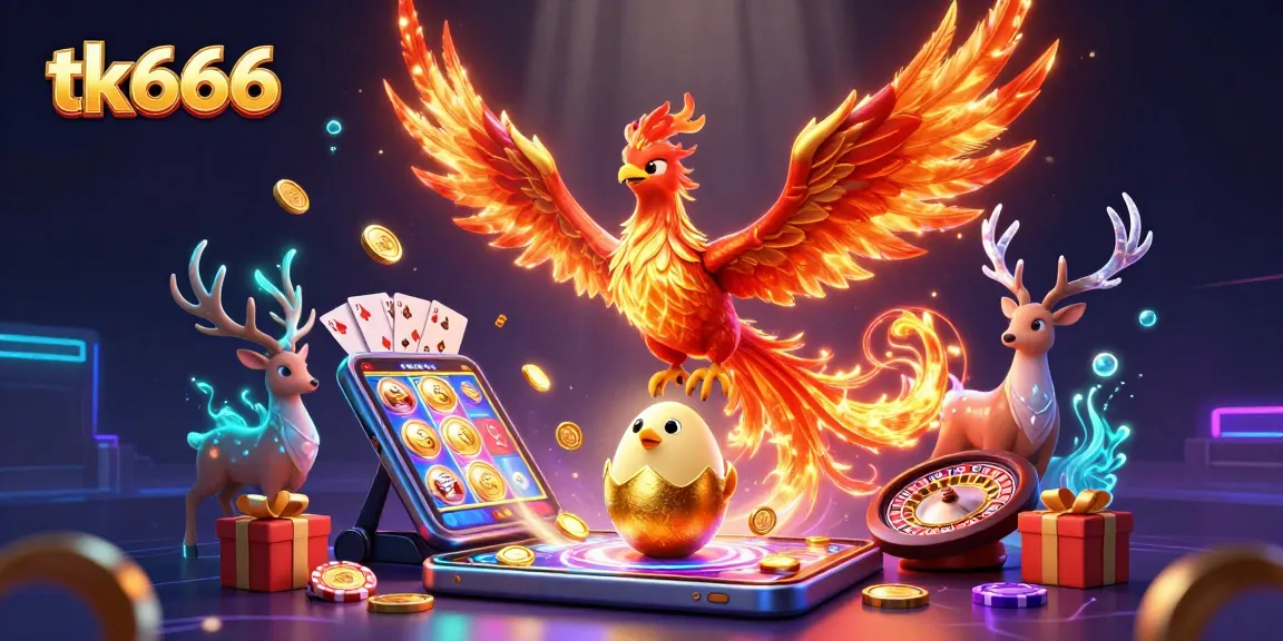 Experience thrilling gaming adventures at tk666 with a dazzling 3D phoenix scene and vibrant casino elements.