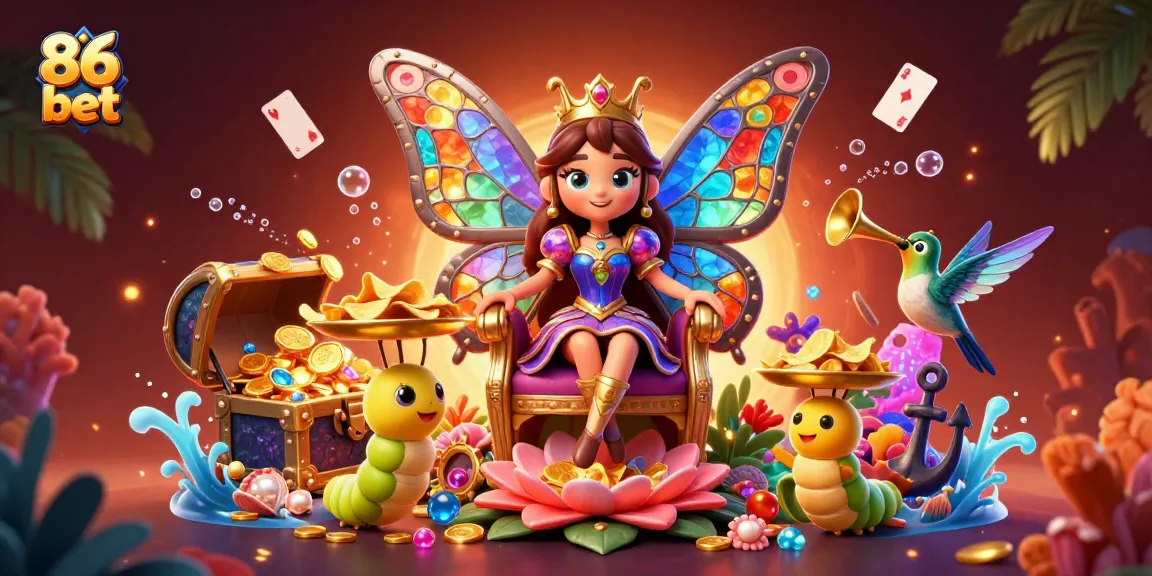 Join the fun at 86 bet with vibrant casino elements and enchanting characters in a captivating illustration.