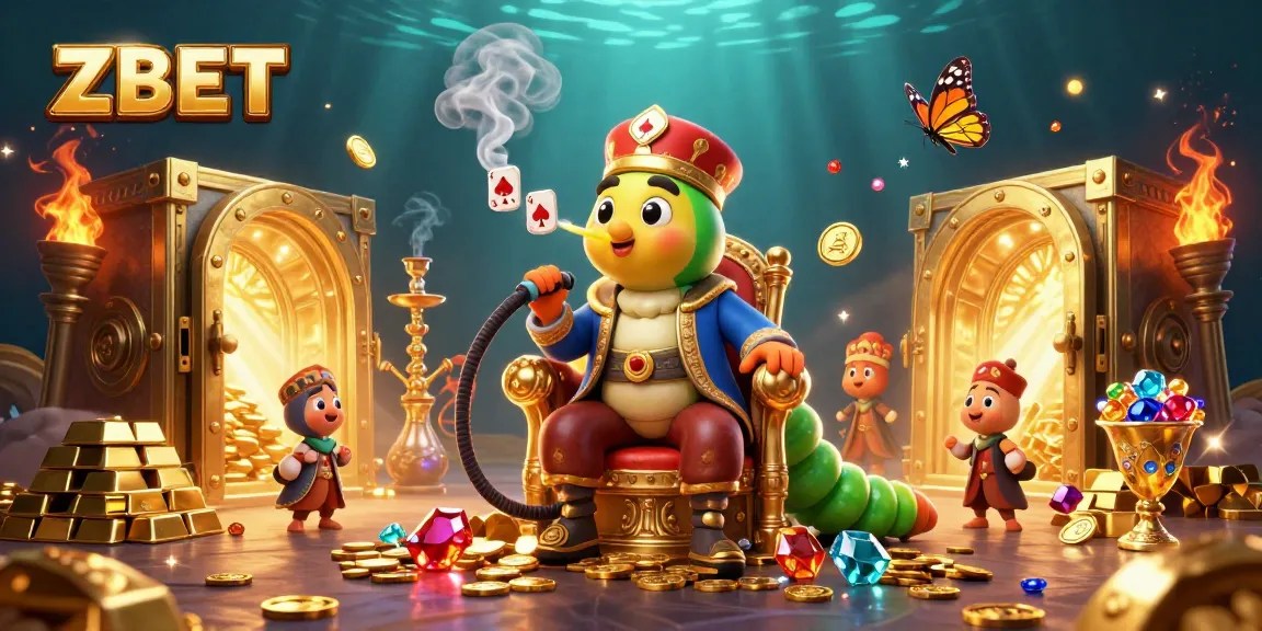 ZBET creates excitement with a lavish 3D casino illustration showing a caterpillar hookah-master and golden treasures.