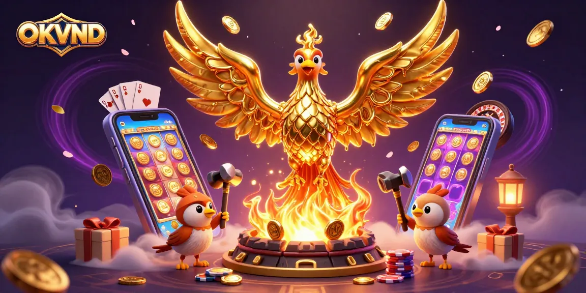 Experience winning moments with OKVND's lively casino scene full of vibrant slot games, golden coins, and dynamic characters.
