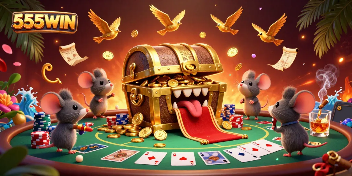 Engage with 555WIN's vibrant 3D casino scene featuring a treasure chest inviting adventure.
