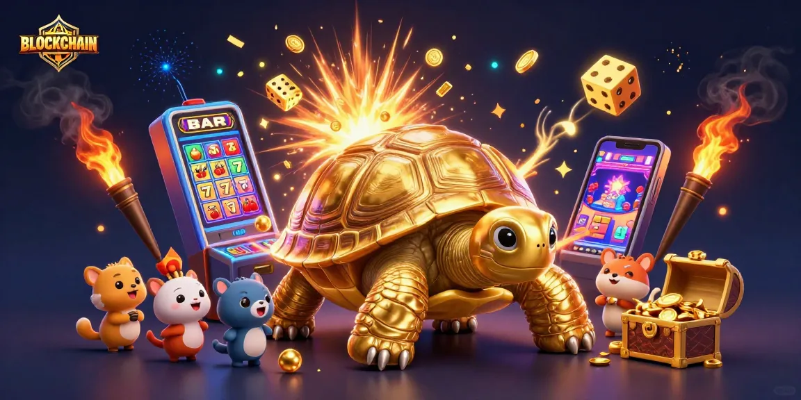Experience the thrill of BLOCKCHAIN gaming with lively casino elements and a golden tortoise in action!