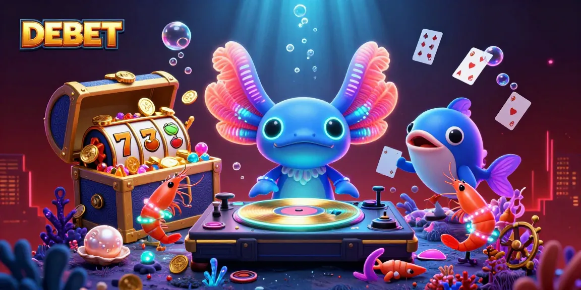 Join the DEBET adventure with a neon axolotl DJ surrounded by lively slot elements.