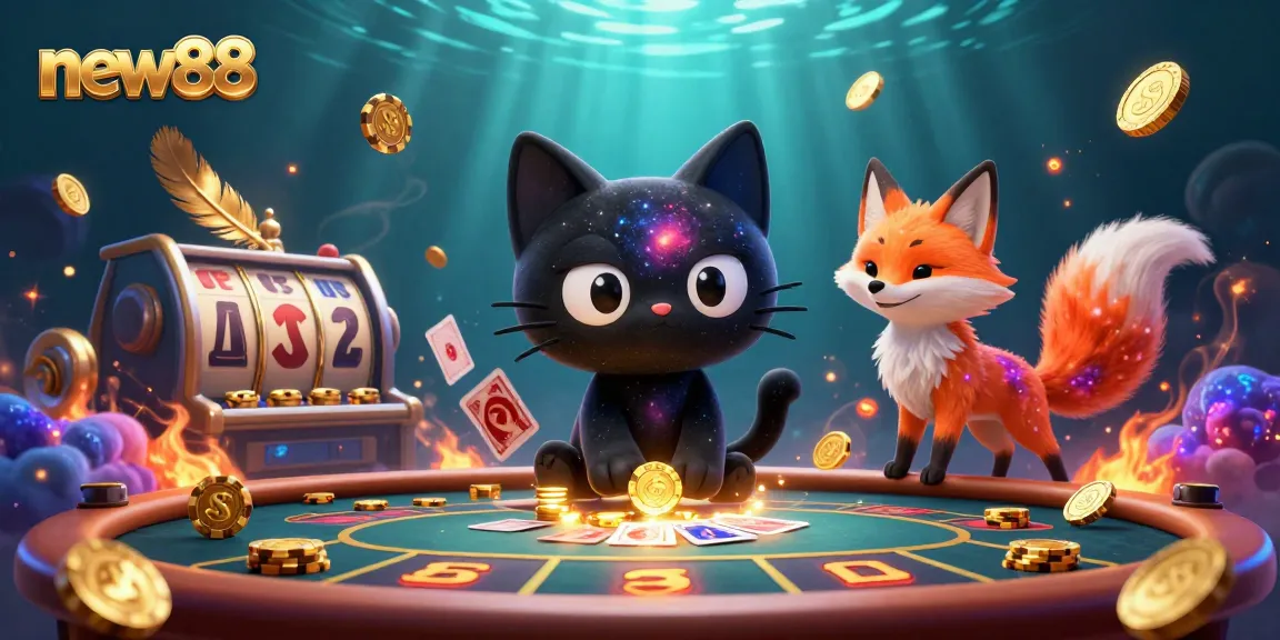 Engage with new88's thrilling cosmic casino where a black hole cat swirls chips and cards amidst vibrant game elements.