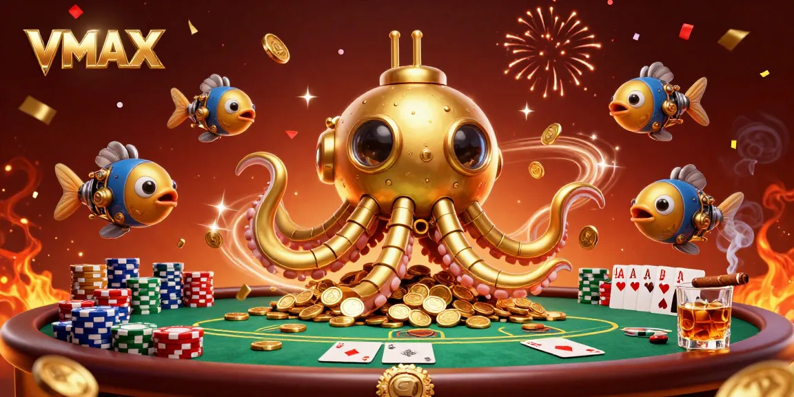 Experience the excitement of VMAX as a golden kraken submarine surfaces in a sea of coins, surrounded by poker elements.