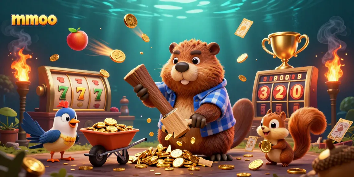 Experience thrilling jackpots at mmoo with cartoon characters collecting coins and slot reels