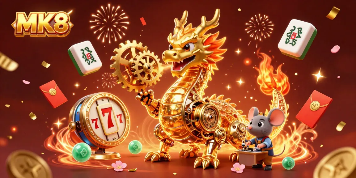 Experience thrilling MK8 gaming with a golden dragon breathing gears and exciting slot reels.