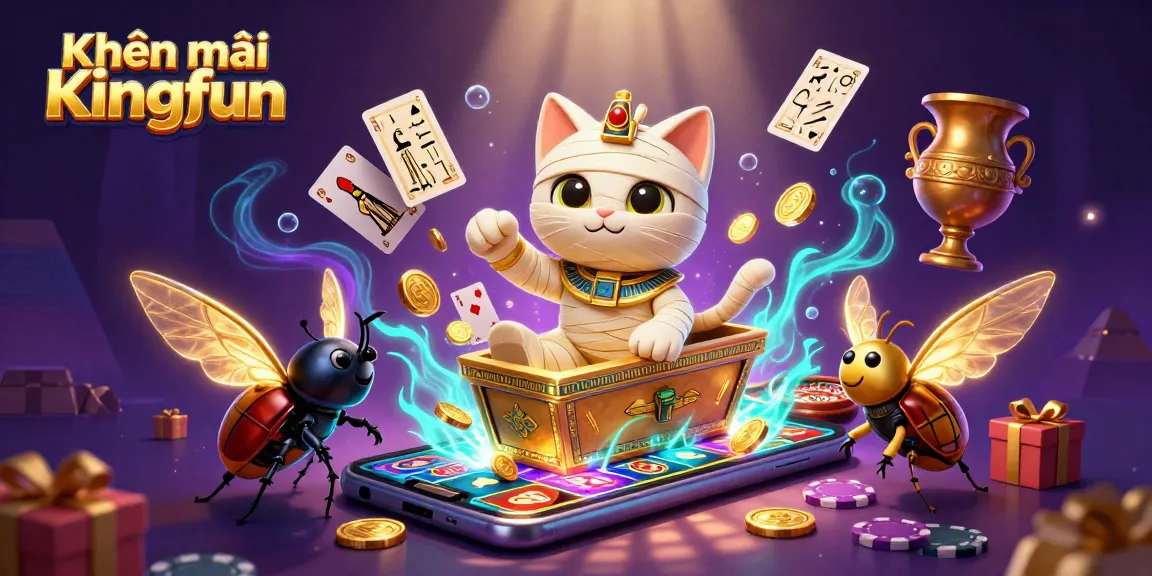 Experience exciting Khuyến mãi Kingfun with thrilling casino elements, featuring a mummy cat and glowing scarab in an action-packed scene.