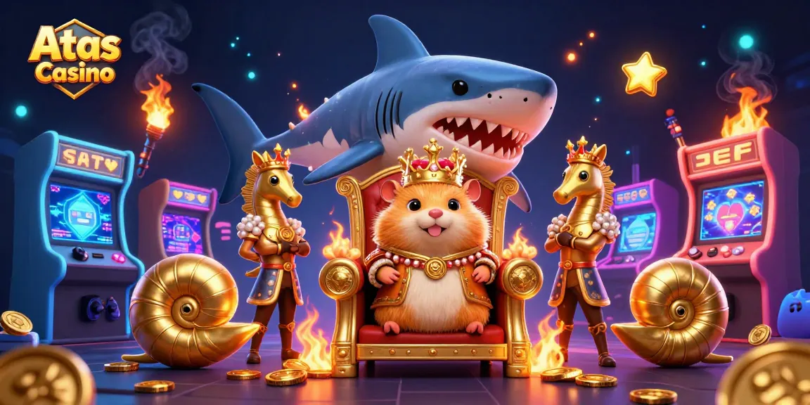 Join the fun at Atas Casino with vibrant arcade elements and majestic characters in a dazzling scene.