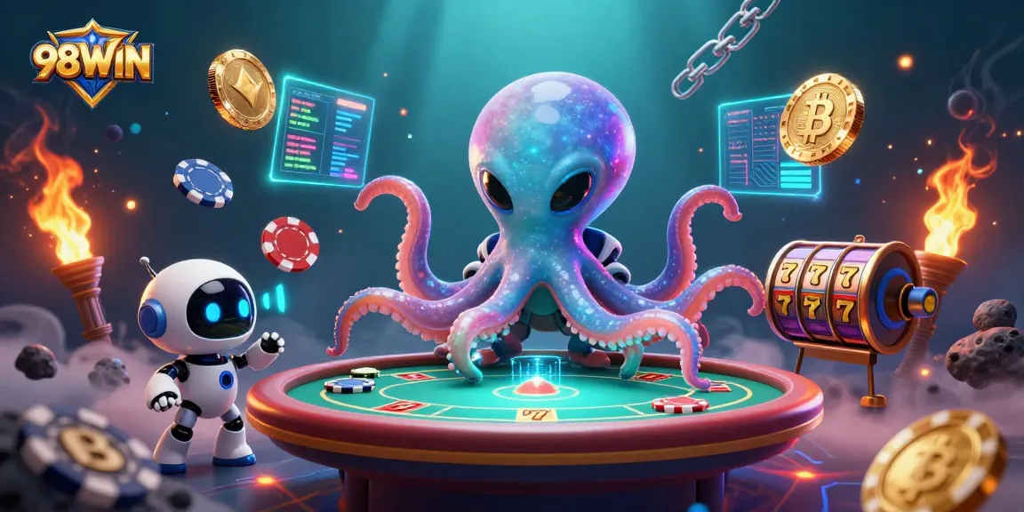 Experience the excitement of 98WIN at a vibrant 3D poker table with diverse casino elements and crypto coins.