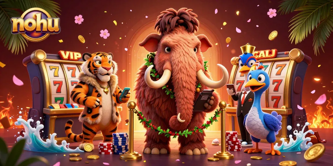 Join the excitement at nohu Casino as the mammoth bouncer checks IDs with vibrant gaming elements.