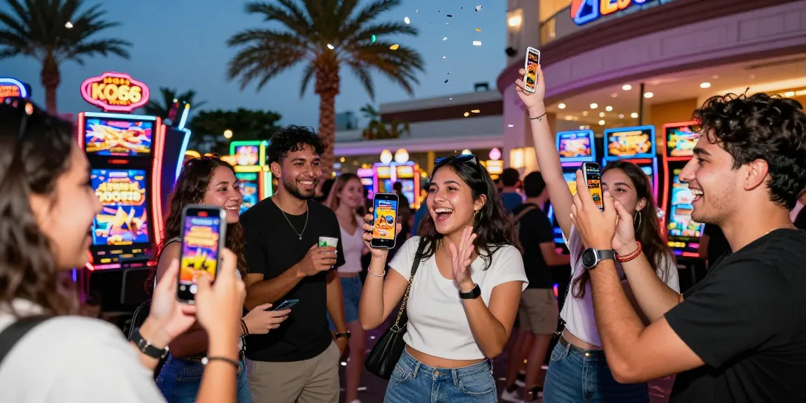 Friends celebrating at KO66 casino entrance with lively atmosphere.