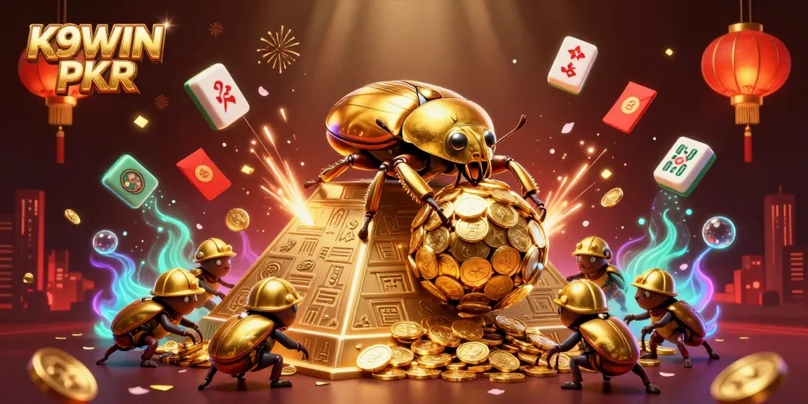 Experience K9WIN PKR gaming action as cartoon beetles navigate golden treasures and casino symbols.