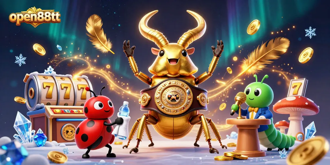 Win big with open88tt in a vibrant casino scene featuring a beetle champion and lively game elements.