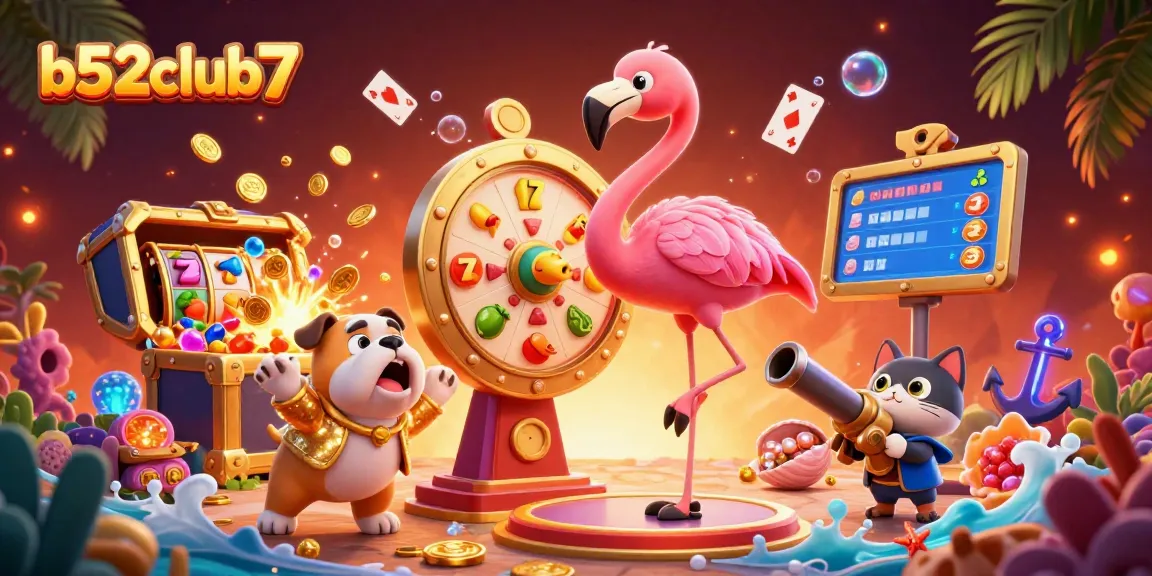 Play exciting games at b52club7 with vibrant scenes of a cartoon flamingo and bulldog!