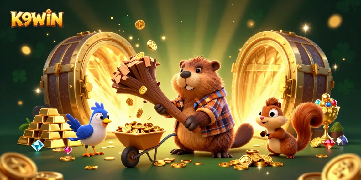 K9WIN charms players with vibrant coins and treasures in a lively casino scene.