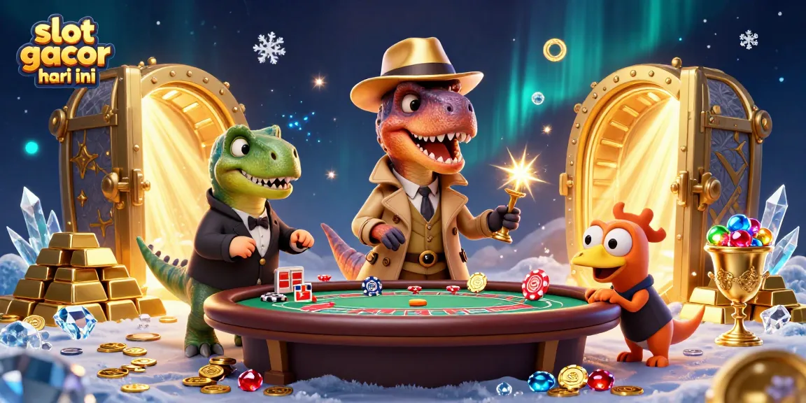 Engage with slot gacor hari ini amidst a lively 3D scene of cartoon dinosaurs captivating the casino atmosphere.