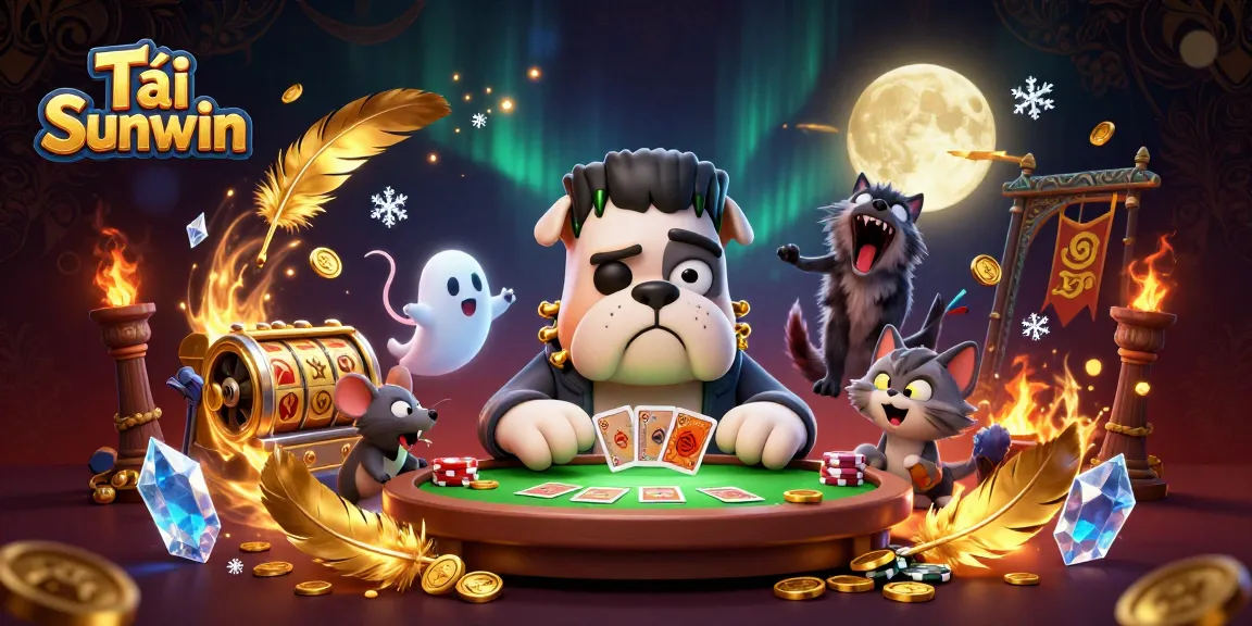 Deal cards with Tải Sunwin in a vibrant 3D casino scene featuring unique characters and gold elements.