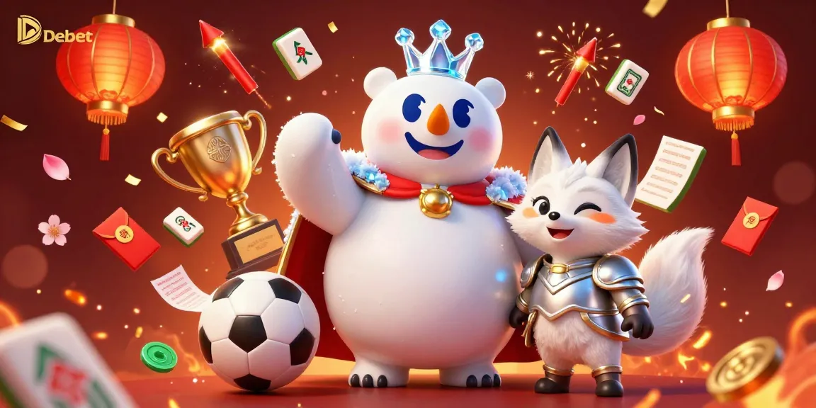 Engaging illustration showcasing Debet with a 3D cartoon ice king polar bear and snow fox in a dynamic sports betting scene.