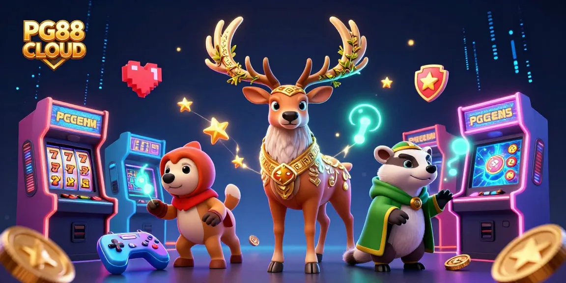 Experience the thrilling excitement of PG88 CLOUD with a vibrant 3D casino scene full of game elements and character interactions.