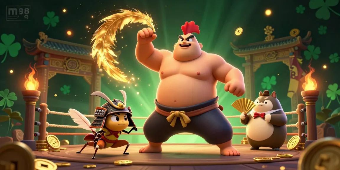 Experience the vibrant atmosphere of m98 q with a sumo rooster and samurai cricket animated in a dynamic casino setting.