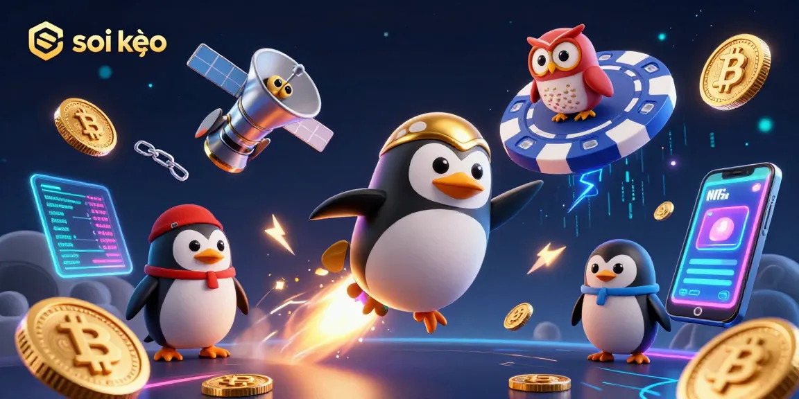 Bet on soi kèo as a golden penguin races to casino victory in a vibrant cosmic scene.