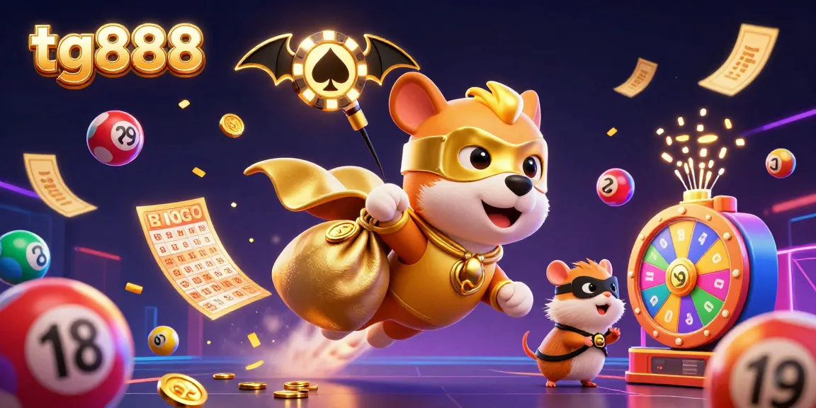 Experience the excitement of tg888 with a superhero dog flying amidst colorful lottery elements.
