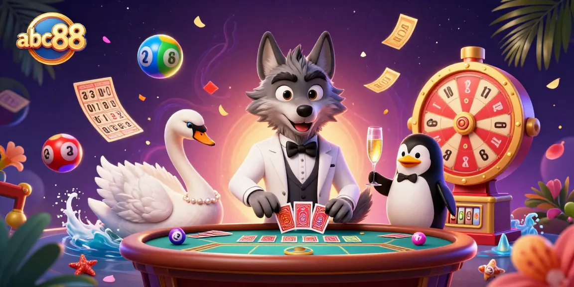 Engage in thrilling moments with abc88 as a debonair wolf and elegant swan host a vibrant casino scene.
