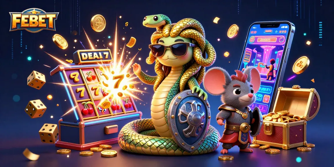 Experience exciting gameplay with FEBET, featuring Medusa and a mouse warrior amidst dynamic casino action.