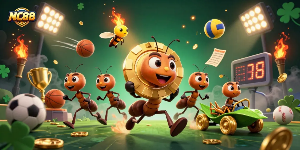 Engage with NC88's thrilling heist scene as ants carry a giant poker chip amidst dynamic casino elements.