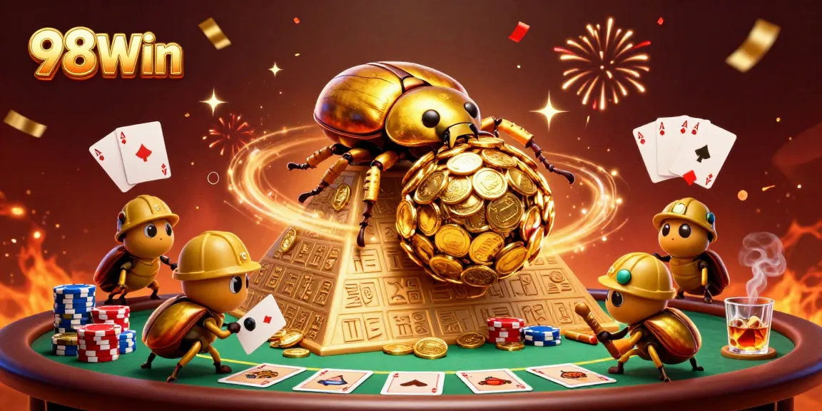 Experience the excitement of 98Win with a vibrant 3D casino scene featuring golden beetles and poker elements.