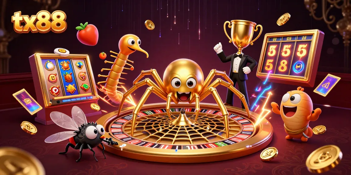 tx88 showcases a golden spider spinning a roulette wheel web, enhancing casino excitement.