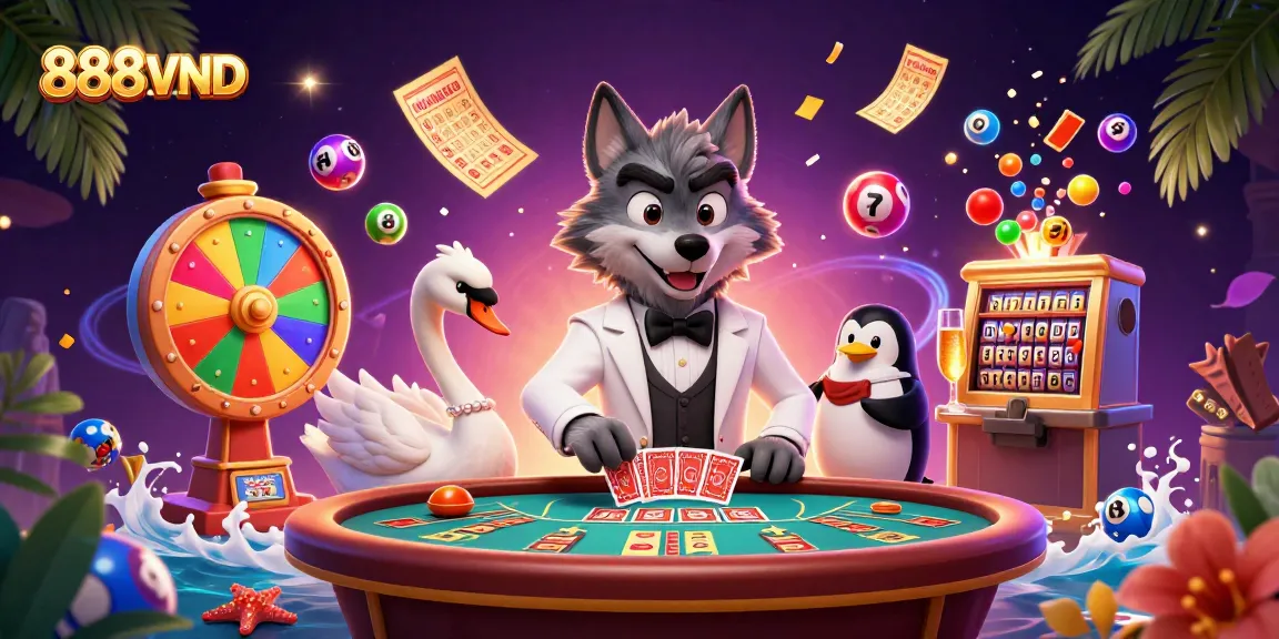 Experience the excitement of 888VND with animated characters celebrating winning moments at a casino.