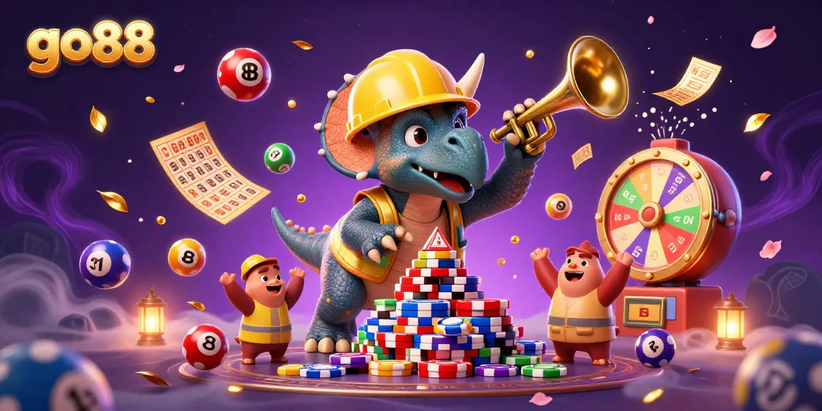 Go88 shows a triceratops and parasaurolophus celebrating amidst colorful lottery balls and casino elements.