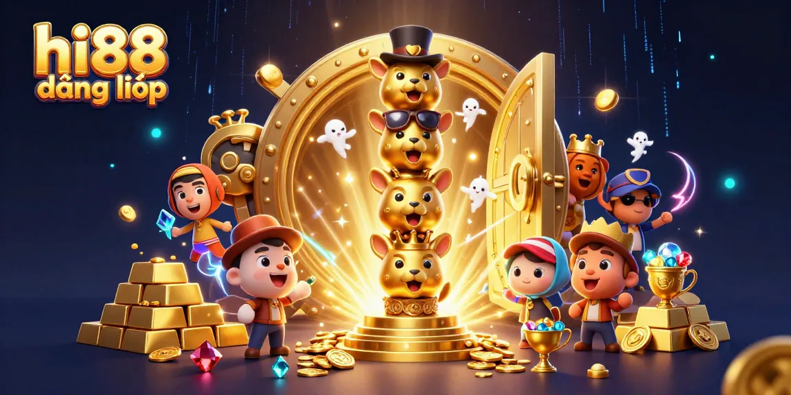 Experience excitement with hi88 đăng nhập in this vibrant 3D illustration featuring a golden totem and casino treasures.