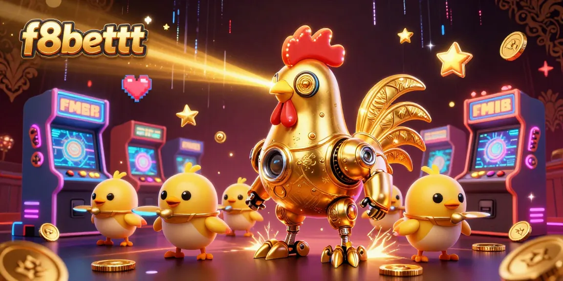 Engage with f8bettt gaming excitement featuring a robotic rooster and vibrant arcade elements.