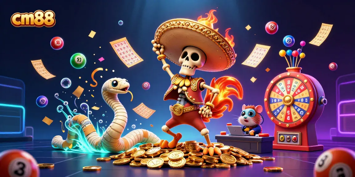 Experience the excitement with cm88's vibrant casino scene featuring a dancing mariachi rooster on gold coins.