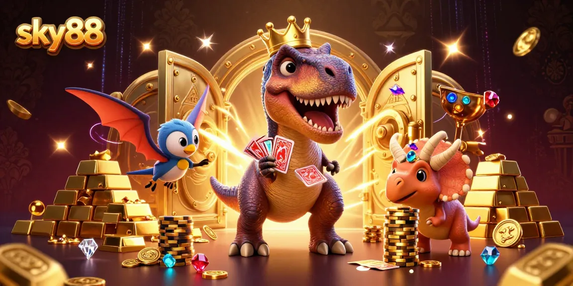 Engage with sky88 and win in a vibrant casino scene featuring a playful T-Rex and friends.