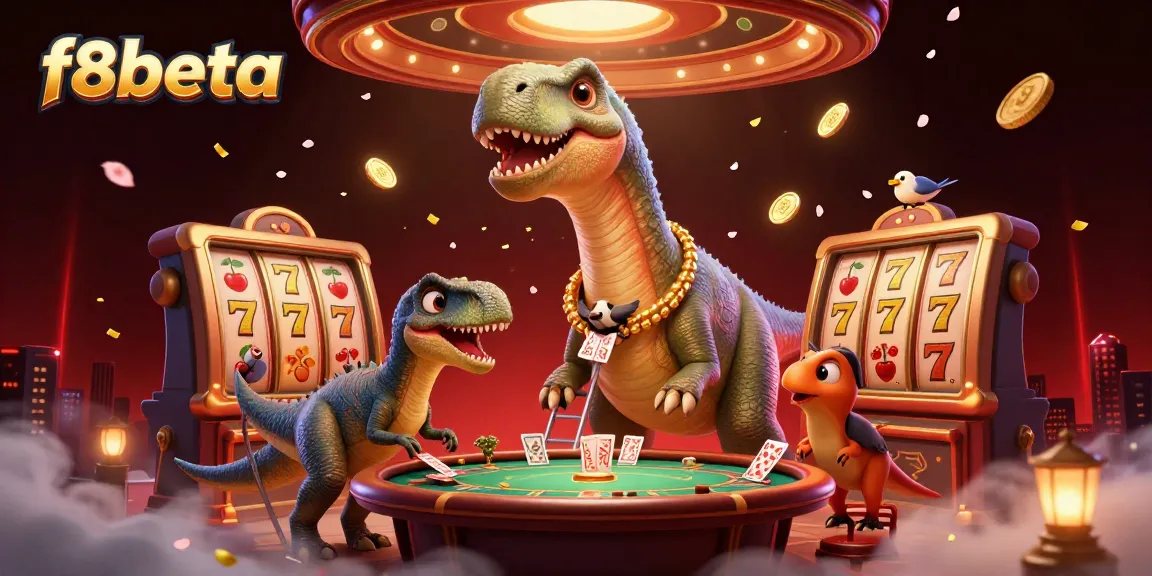 Experience excitement with f8beta in a vibrant casino scene featuring playful dinosaurs and dynamic gaming elements.
