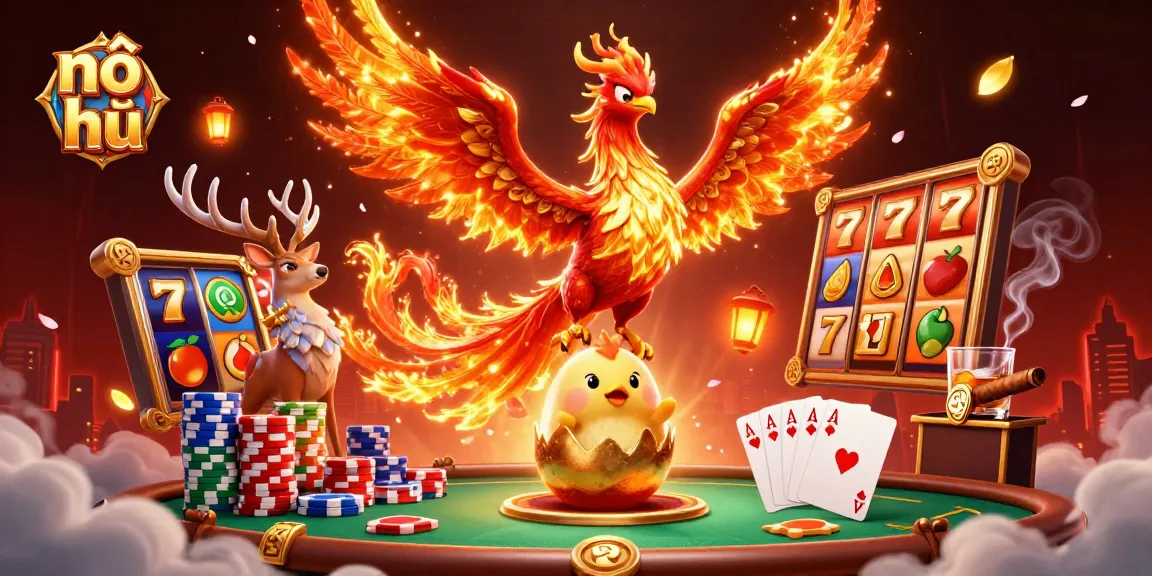 Experience the excitement of nổ hũ with a dynamic 3D scene featuring vibrant slot elements and unique characters.