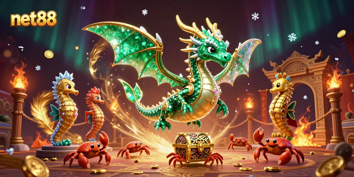 Experience the thrill of net88 with an exciting 3D casino scene featuring a lavish sea dragon guarding treasures amidst vibrant game elements.