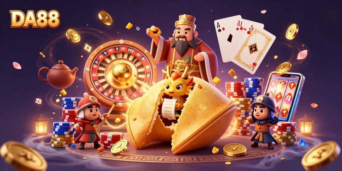 Engage with DA88, a vibrant 3D casino illustration featuring golden coins and dragons amidst dynamic gaming elements.