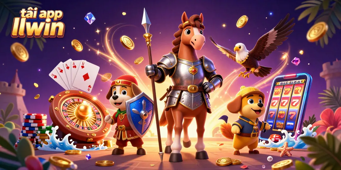 Engage with excitement in tải app llwin, featuring a knight, puppy, and falcon amidst casino elements.